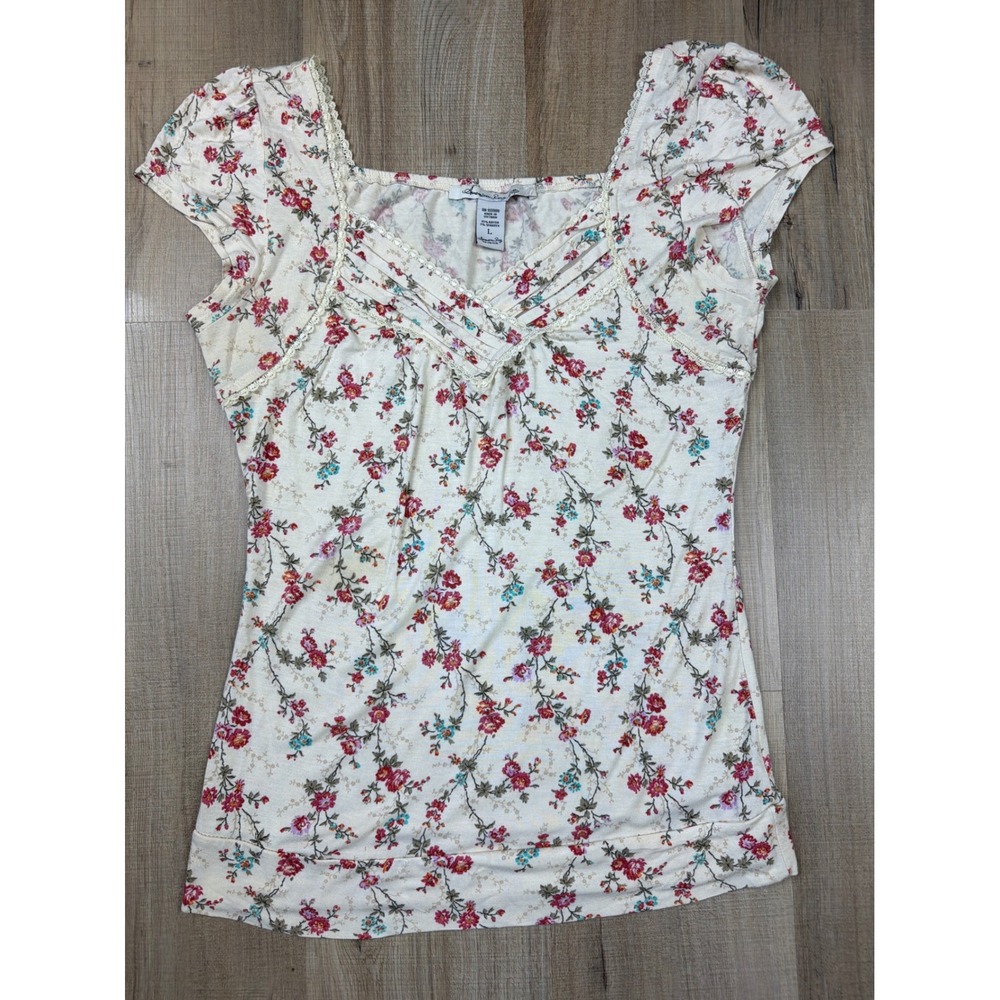 Y2K American Rag Womens Floral Lace Trim Square Neck Short Sleeve Top Cream L